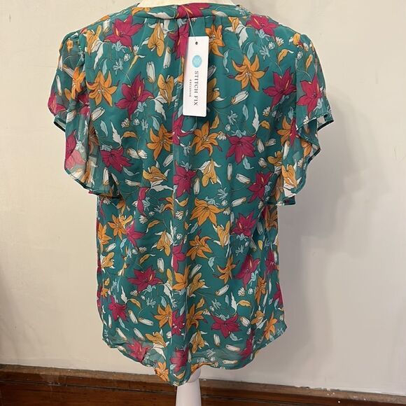 COPY - Beacon Apparel turquoise floral ruffle short sleeve blouse Size M New - Picture 6 of 11